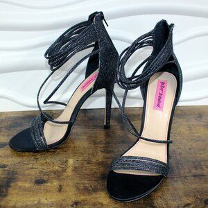BETSEY JOHNSON KORA Size 8 Black Glitter Heels Pumps Open Toe Strappy Party